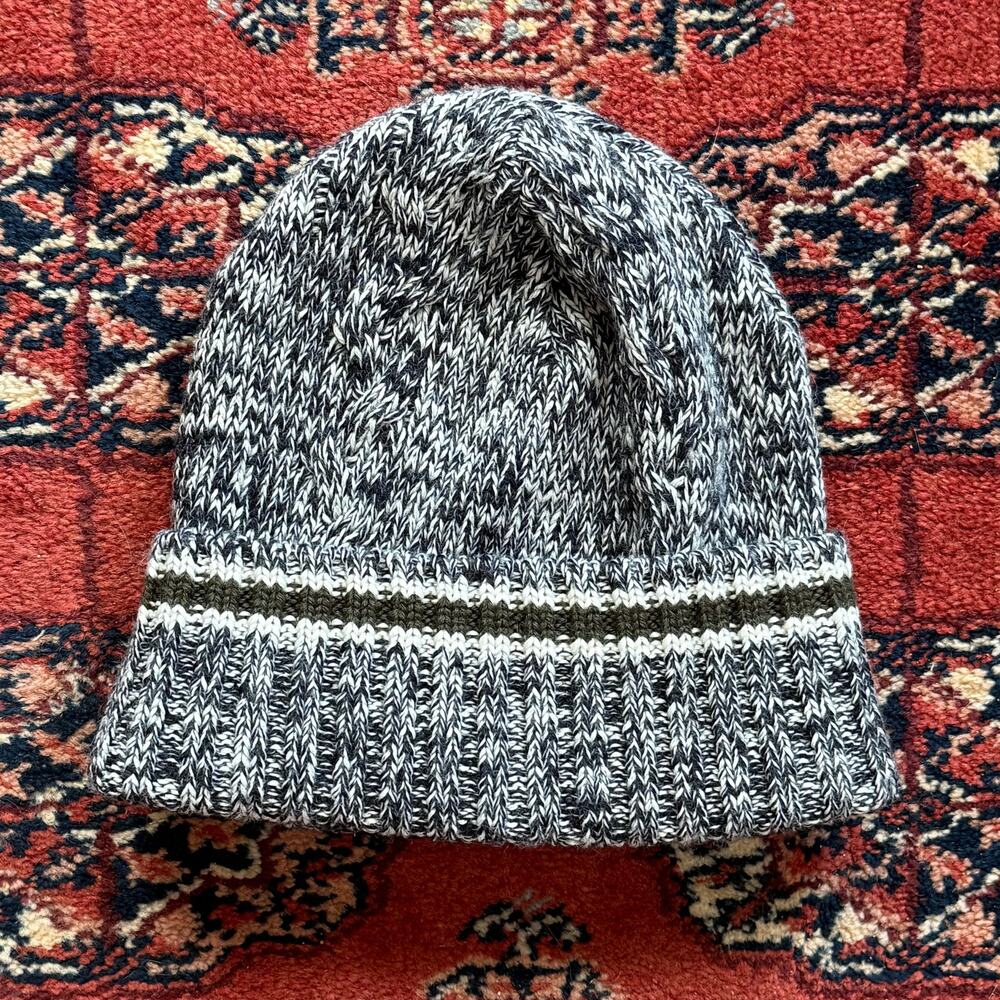 Old Navy Black/White, Olive Stripe Rag Knit Beanie w/ Soft Black Fleece Ear Band